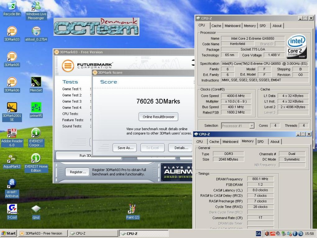 Gigabyte GA-X48T-DQ6: Im 3DMark03 werden 76.026 Punkte erreicht, bitte wundern Sie sich nicht die höhere Punktzahl im Vergleich zum 3DMark01, letzterer profitiert schlicht und einfach nicht von Crossfire. (Bild: octeamdenmark.com)