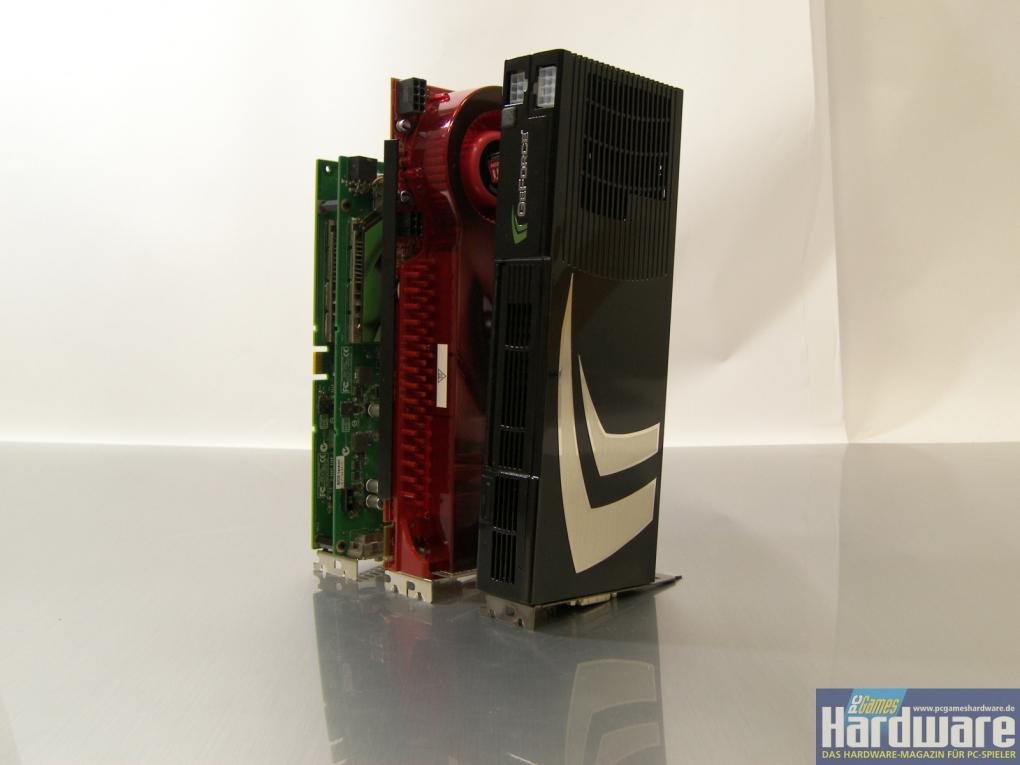 Geforce 9800 GX2, Radeon HD 3870 X2 und Geforce 7950 GX2 im Vergleich (Bild: PCGH)