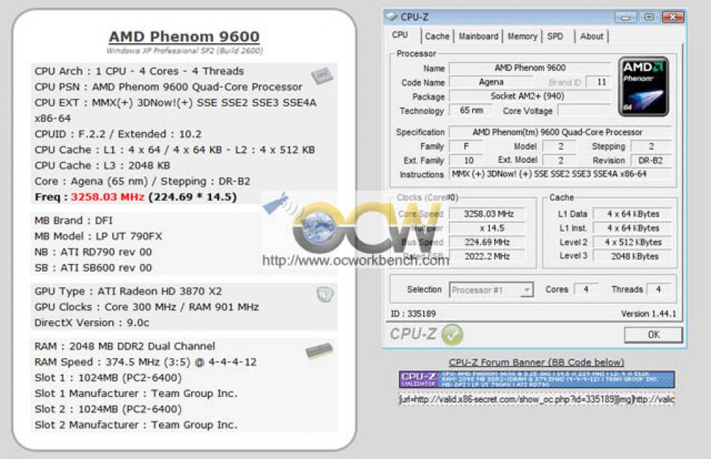 AMD: Der Phenom 9600 BE erreicht mit eine Multiplikator von 14,5 einen Takt von satten 3.258 Megahertz (Bild: ocworkbench.com)