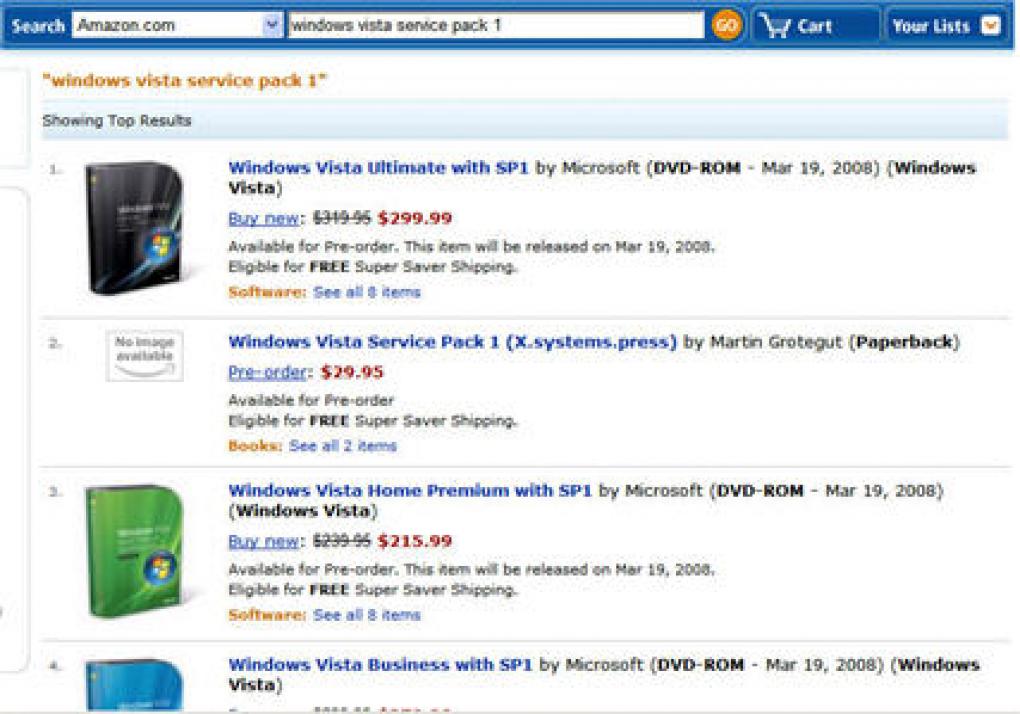 Hinweis auf Vista mit SP1 bei Amazon.com