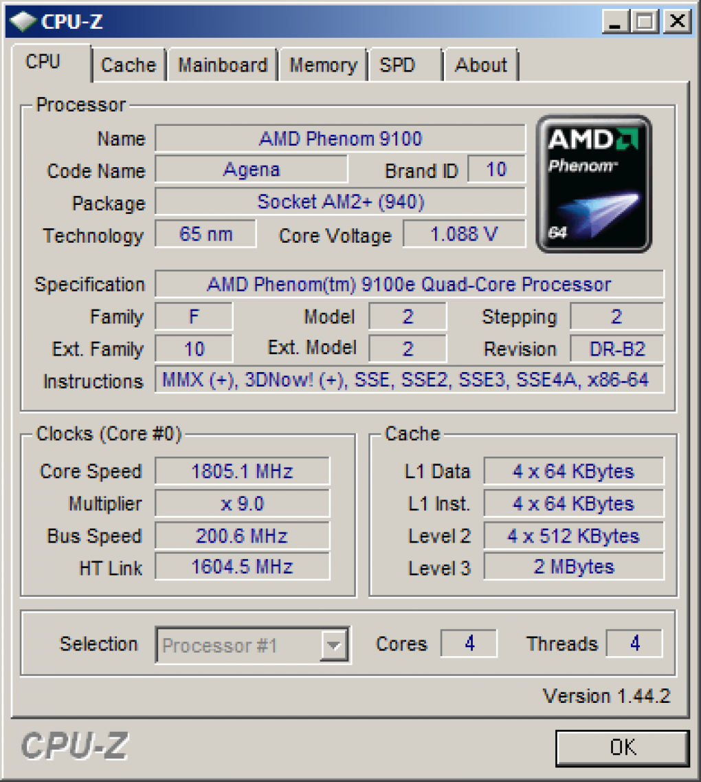 Auch der CPU-Z-Shot zeigt das B2-Stepping. Kurios: Der HT-Link wird mit 1,6 GHz ausgelesen, laut Datenblatt muss er aber bei 1,8 GHz liegen.