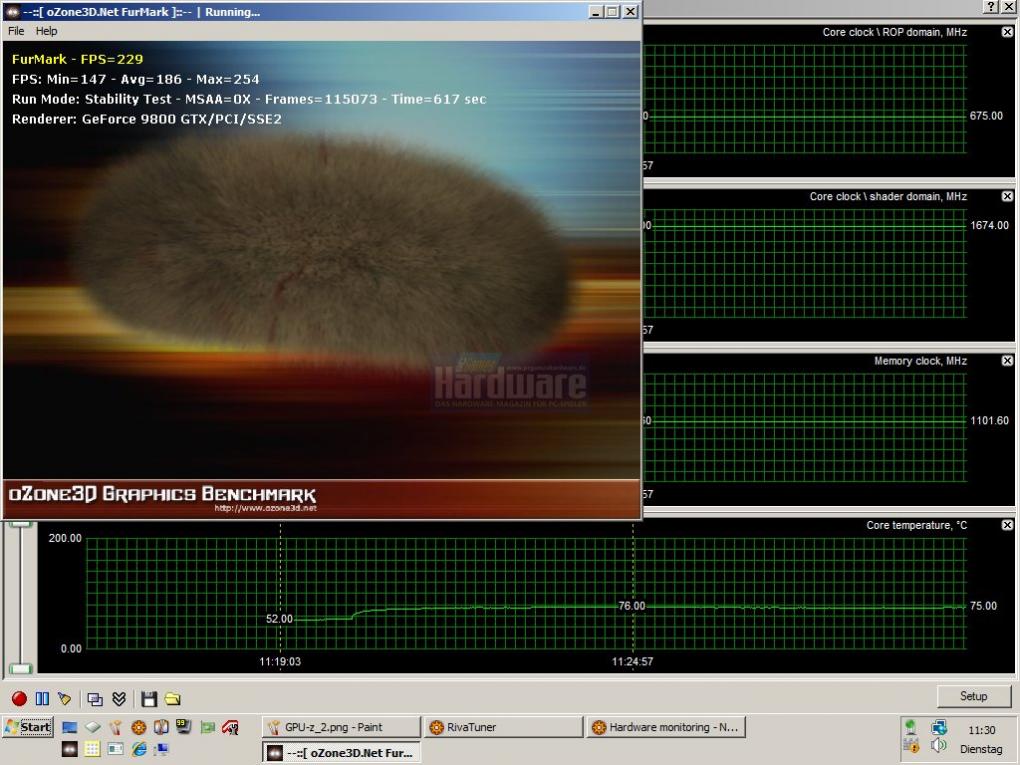 Point of View Geforce 9800 GTX im PCGH-Temperaturtest mit dem Ozone3D.net-Fur-Rendering-Benchmark . (Bild: PCGH)