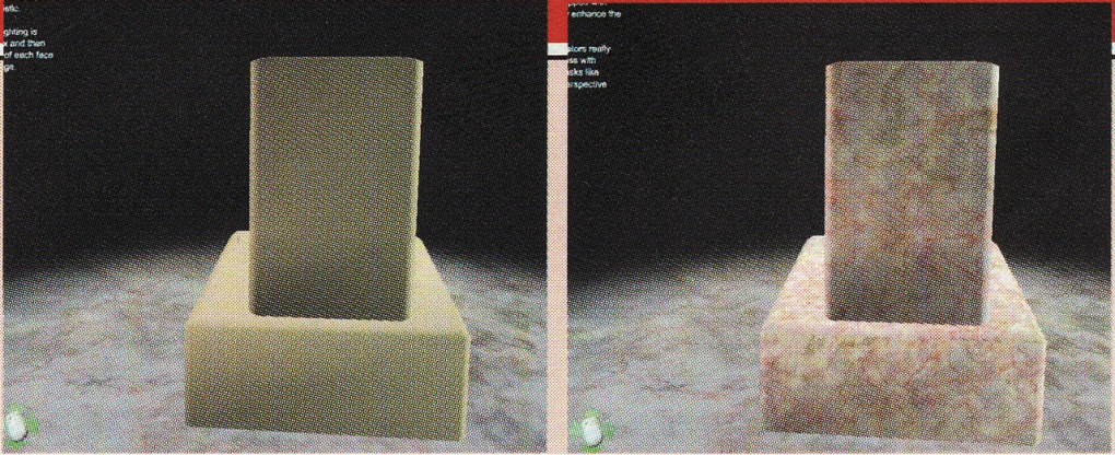 Links: Hier sehen Sie ein Podest ohne Textur. Es wirkt sehr künstlich. Rechts: Mit einer Marmor-Textur nimmt das Podest ein realistisches Aussehen an.