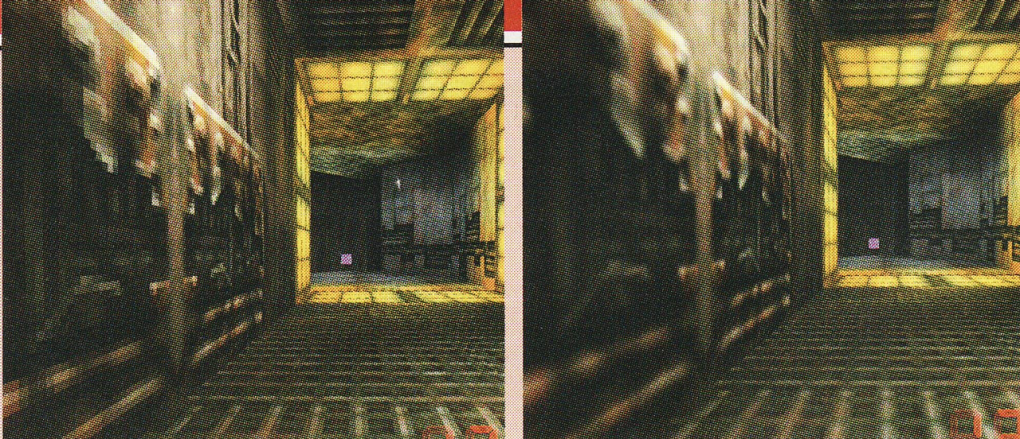 Links: Ohne Filtern verunzieren hässliche Pixel die Gänge in Forsaken. Rechts: Das bilineare Filtern zeichnet die Wand-Texturen stark weich.