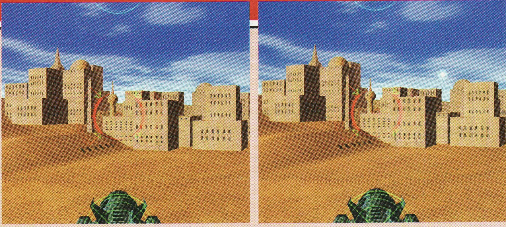 Links: Ohne Mip Mapping sind die Gebäude am Horizont sehr grobkörnig. Rechts: Mit Mip Mapping werden schönere Gebäudetexturen verwendet.