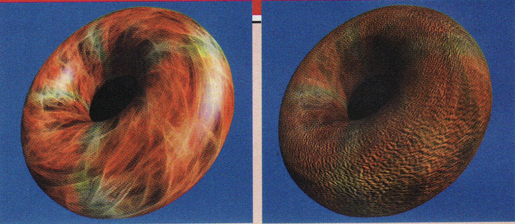 Links: Der Donut wirkt zwar echt, hat aber keine sichtbaren Strukturen. Rechts: Das Bump Mapping präsentiert den Donut mit deutlichen Vertiefungen.
