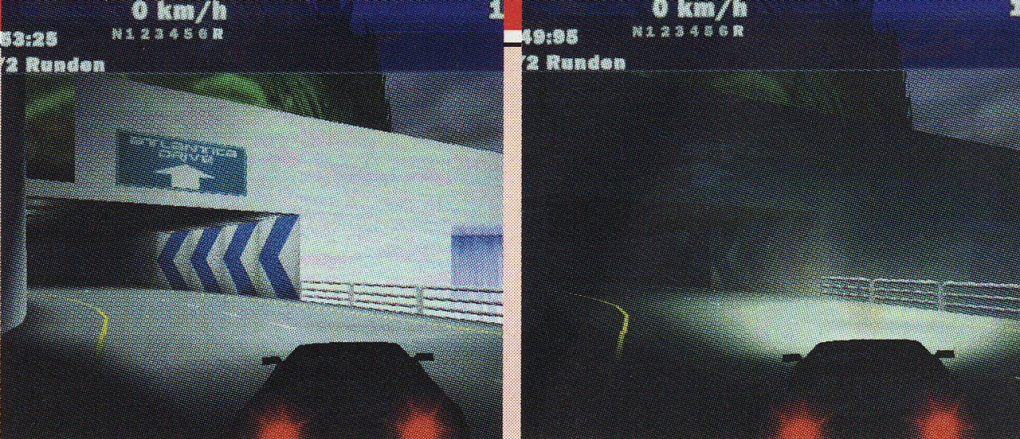 Links: Ohne Z-Puffer fehlen in Need for Speed Infos für die Lichteffekte. Rechts: Nur mit aktiviertem Z-Puffer sind richtige Lichteffekte möglich.