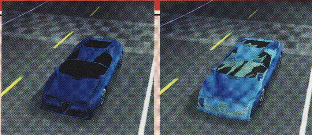 Links: Ohne Environment Mapping bleiben die Autoscheiben schwarz. Rechts: Mit eingeschaltetem Effekt spiegeln sich Bäume auf dem Wagen.