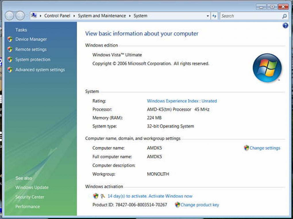 'Igor Todeshure' installierte Windows Vista auf einem AMD-K5-System mit 90 Megahertz Prozessor-Takt. Dank eines Bugs im Betriebssystem werden die Taktraten von AMD-K5/K6-Prozessoren halbiert angezeigt (Bild: winhistory.de)