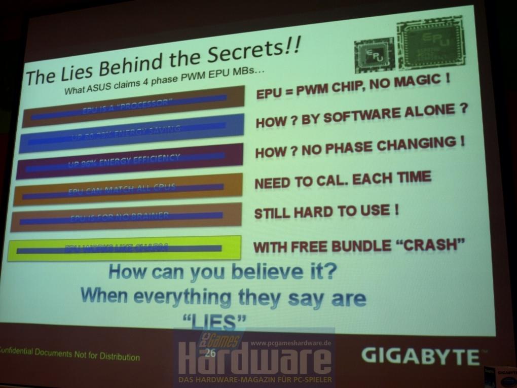 Die Präsentation von Gigabyte vergleicht die eigene DES-Technik mit dem EPU-System von Asus - inklusive heftiger Anschuldigugngen. (Bild: PCGH)