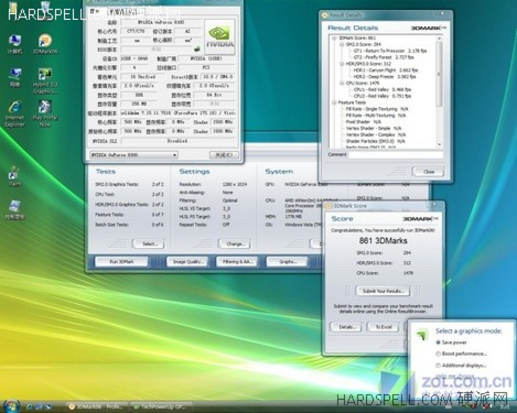 Geforce 9800 GT: 3DMark06-Ergebnis mit 'Save-power' (Bild: Hardspell)