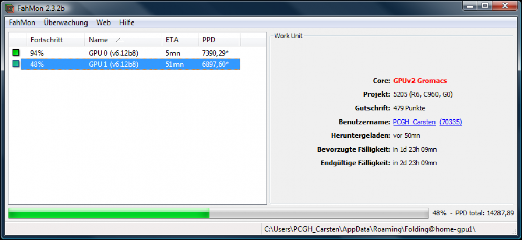 PCGH Folding@Home: Mit Core 1.07 lassen sich mehrere Nvidia-GPUs in einem System parallel nutzen (oben eine übertaktete Version, unten mit Standardtakt). Radeons können das übrigens schon länger...