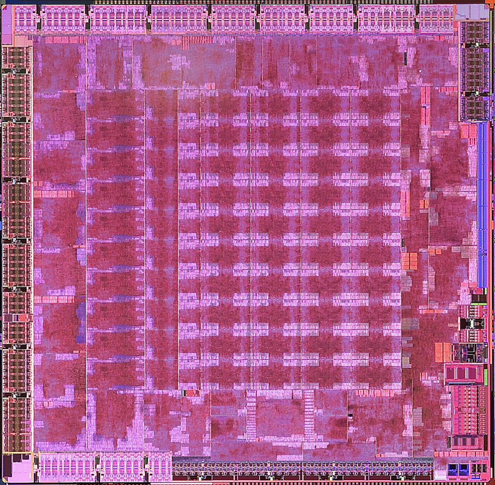 RV770 Die-Shot: Anders als bei Nvidia nehmen die Shader-Einheiten bei der RV770 einen zentralen Platz auf dem Die ein. (Bild: AMD)