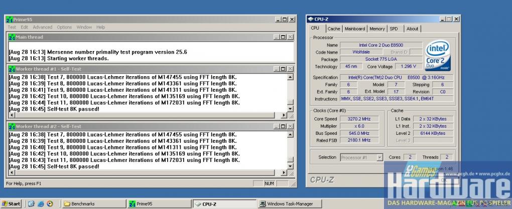 Gigabyte EP45-Extreme: Prime 95 lief mit 545 MHz FSB fehlerfrei. (Bild: PCGH)