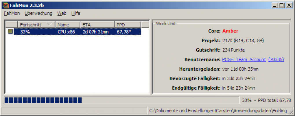 Folding@Home: Jeder noch so kleine Beitrag zählt! Hier im Bild der x86-Singlecore-Client auf einem 1,6-GHz-Pentium-M im Notebook.