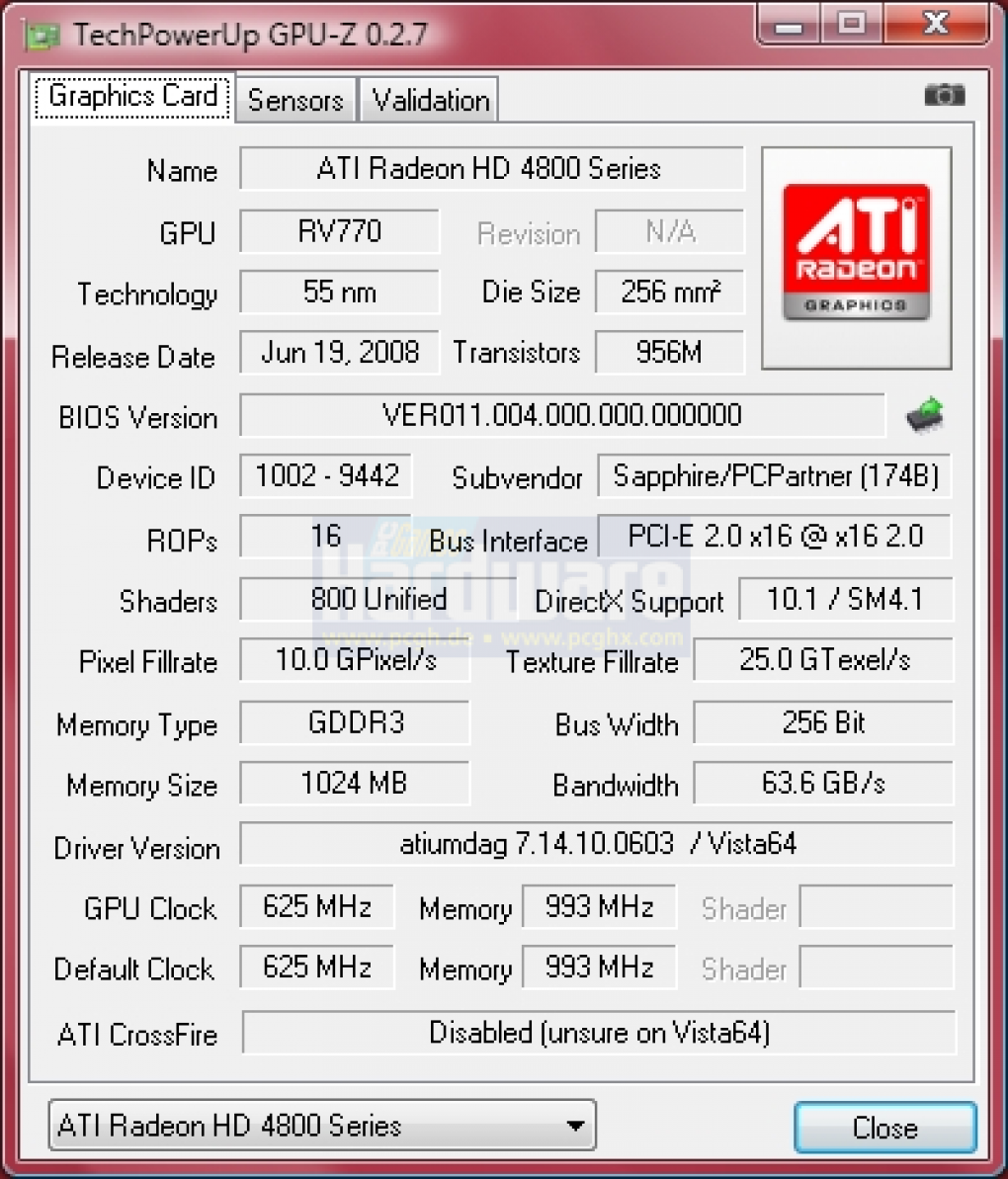 Sapphire HD 4850 1024 MiByte: GPU-Z-Shot