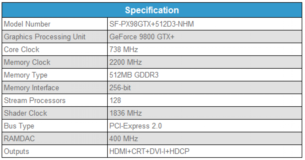 Die technischen Eckdaten der SF-PX98GTX+512D3-NHM.