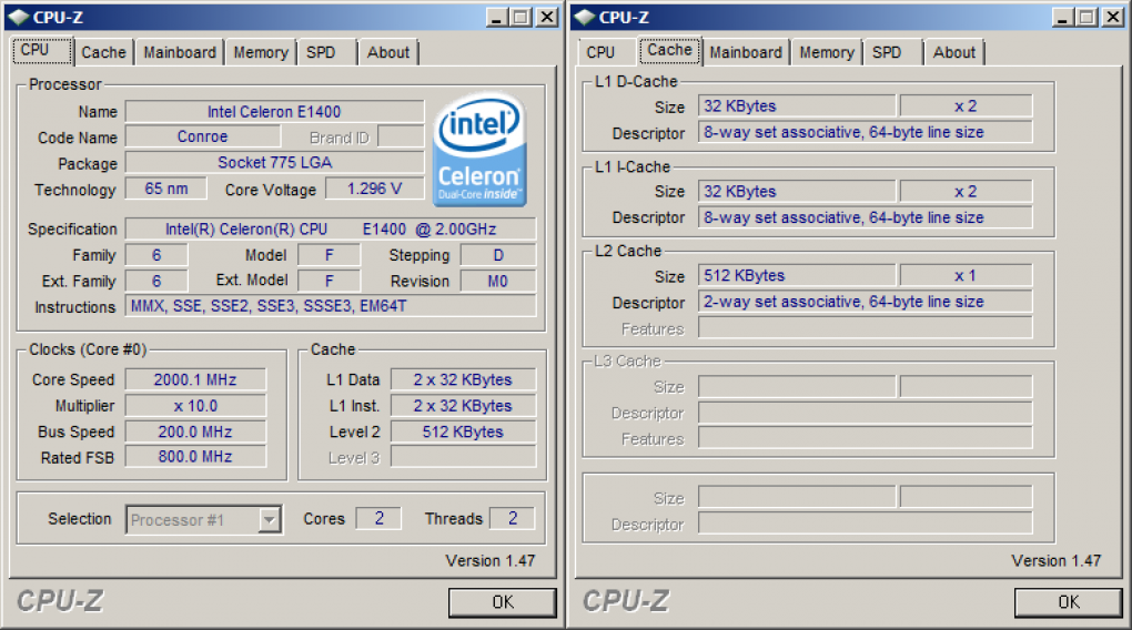 Intel Celeron Dualcore E1400(Standard-Takt: 2.000 MHz, FSB800)