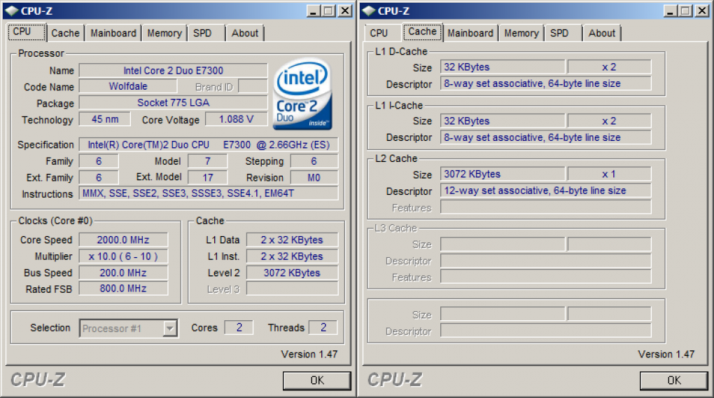 Intel Core 2 Duo E7300(Standard-Takt: 2.660 MHz, FSB1066)