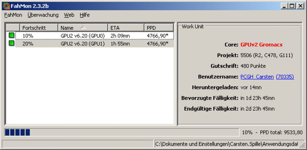 Folding@Home: Auch Vollzeit-Folding bringt uns voran. Hier eine 9800 GX2 mit zwei GPUv2-Clients.
