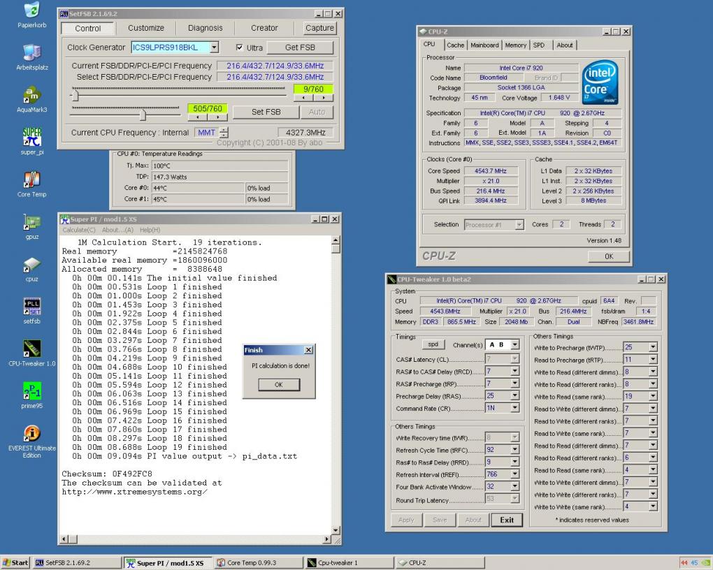 Super PIs 1M-Test wurde mit 4.544 Megahertz in 9,094 Sekunden bewältigt. (Bild: overclocking-team-switzerland.ch)