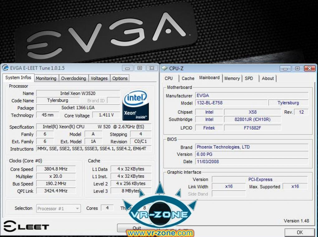 Evga X58 SLI lief bei VR-Zone auch mit 190 MHz QPI-Referenztakt. (Bild: VR-Zone)