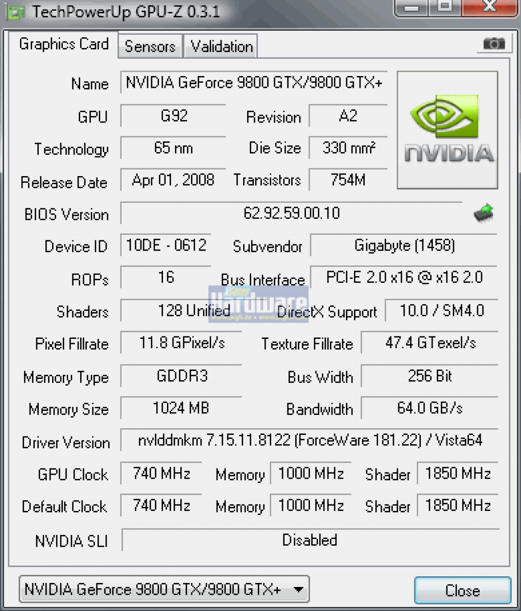 Gigabyte Geforce 9800 GTX+ 1 GB: GPU-Z-Shot