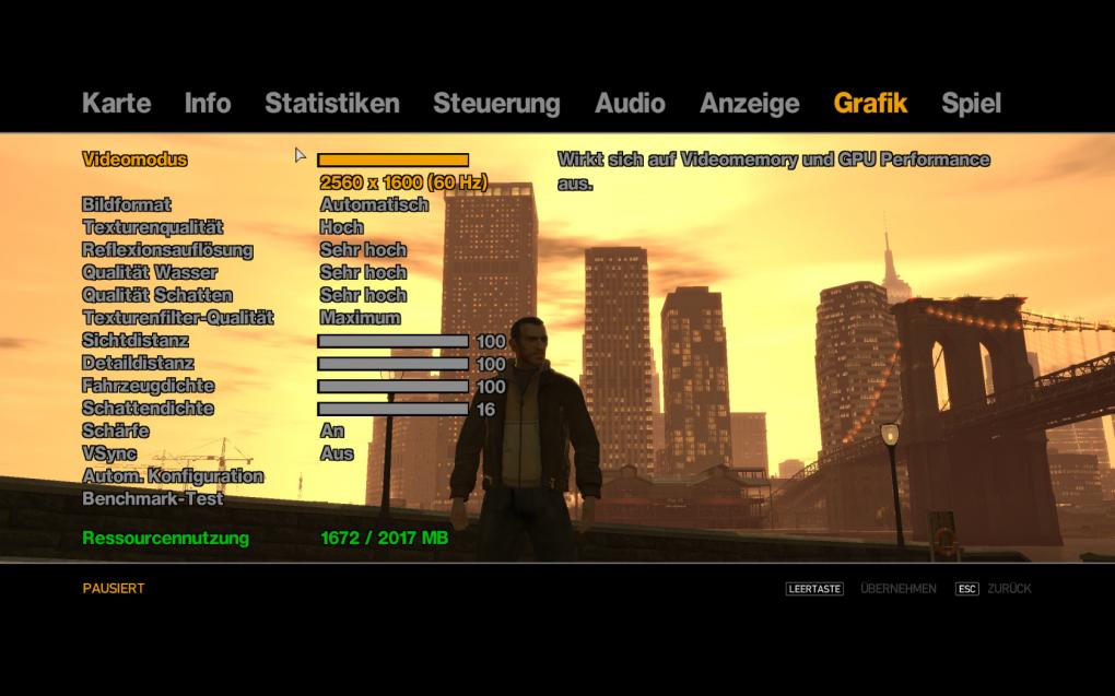 GTA 4 v1.030 (100% Sichtweite, maximale Details): Mit 2 GiByte VRAM kein Problem
