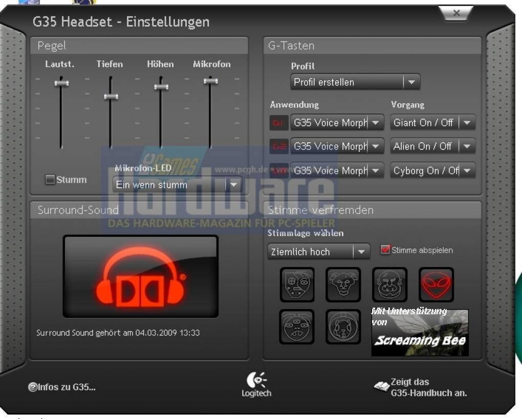 Logitech G35: Mit der Software konfigurieren Sie Lautstärke sowie Sondertasten und schalten den Surround-Effekt an oder aus.
