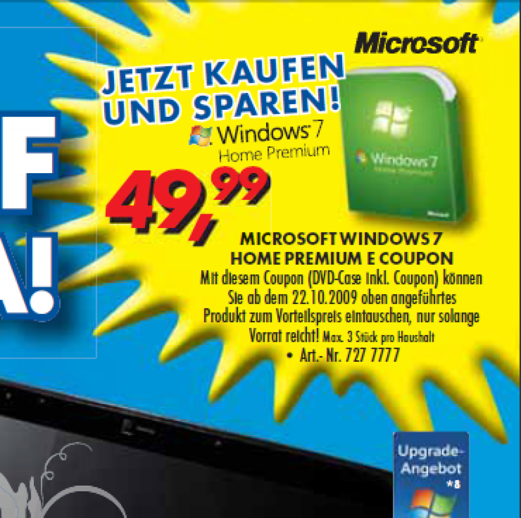 Vorverkaufsversion von Windows 7 Home Premium E für 50 Euro bei Euronics.