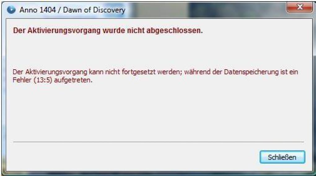 Gegen die Fehlermeldung 13:5 hilft laut Ubisoft eine Deaktivierung der Benutzerkontensteuerung unter Vista und das ausführen des Setups mit Administratorrechten.
