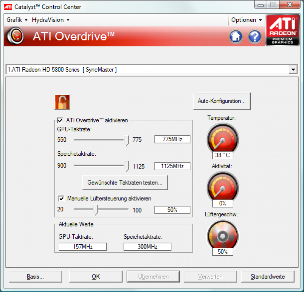 Radeon HD 5850: Das Overdrive-Menü im CCC erlaubt die Übertaktung auf 775/2.250 MHz