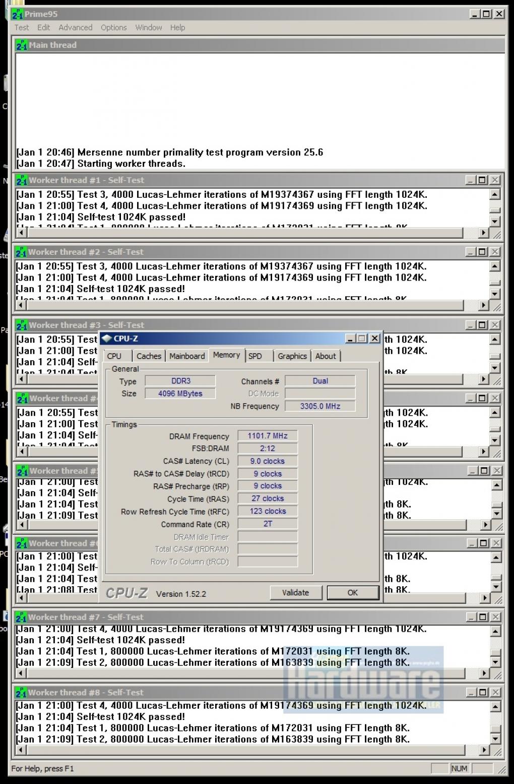 DDR3-2200 (1.100 MHz) dank Wasserkühlung bei 1,65 Volt.