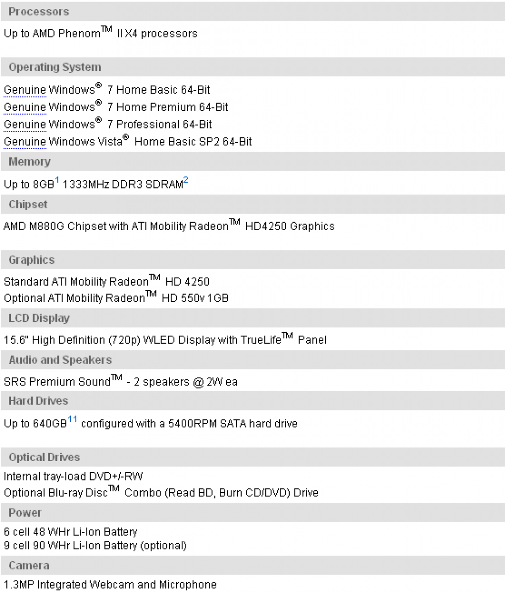Spezifikationen des Dell Inspiron M501R