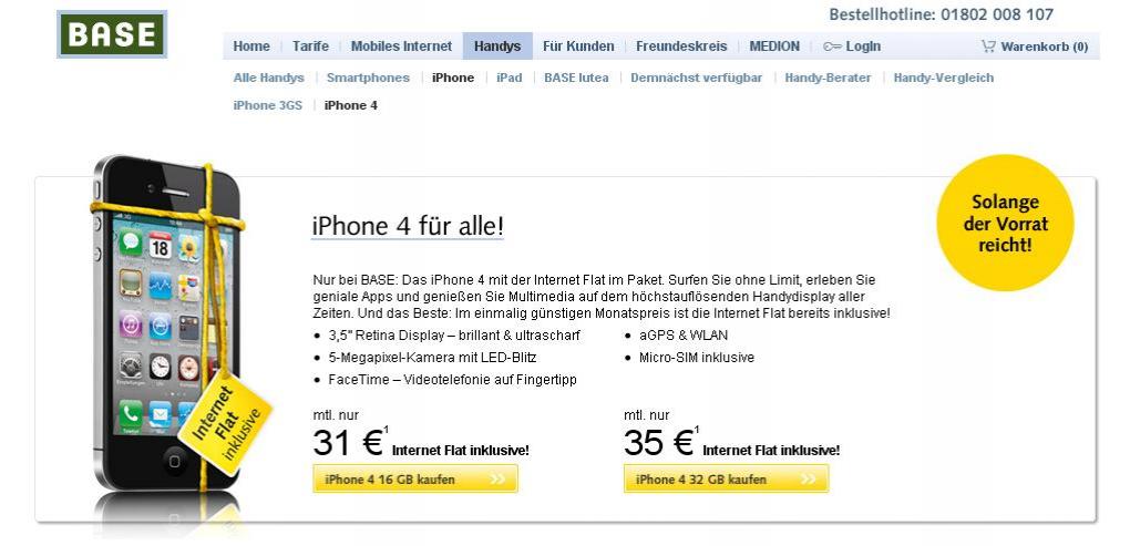 Auch bei Base konnte man das Apple iPhone 4 kaufen.
