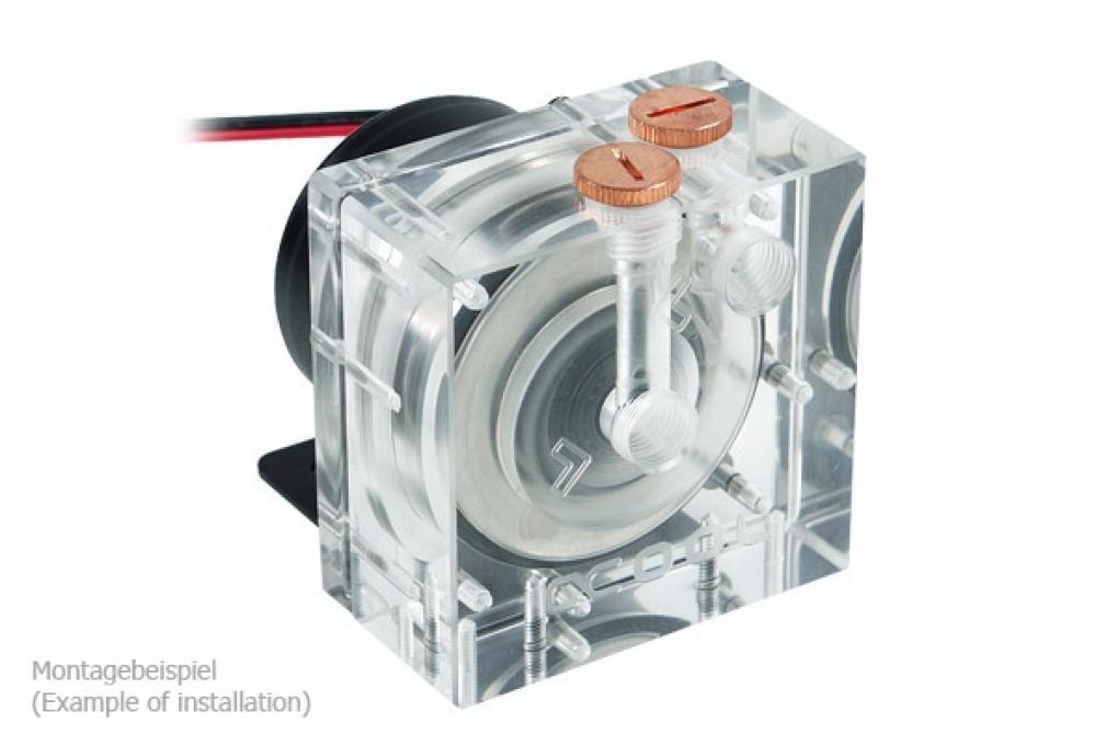 Laing D5 mit Alphacool HF D5 Top Plexi. Es lassen sich nach Belieben die oberen oder vorderen Ein- bzw. Ausgänge kombinieren.