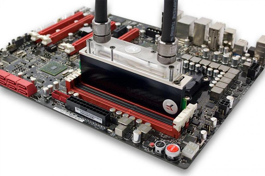 EK Waterblocks Dominator Module auf einem unbekannten Speicherriegel, verbunden mit einem EK-RAM Dominator Wasserkühler (hier die Version für bis zu zwei Module) 