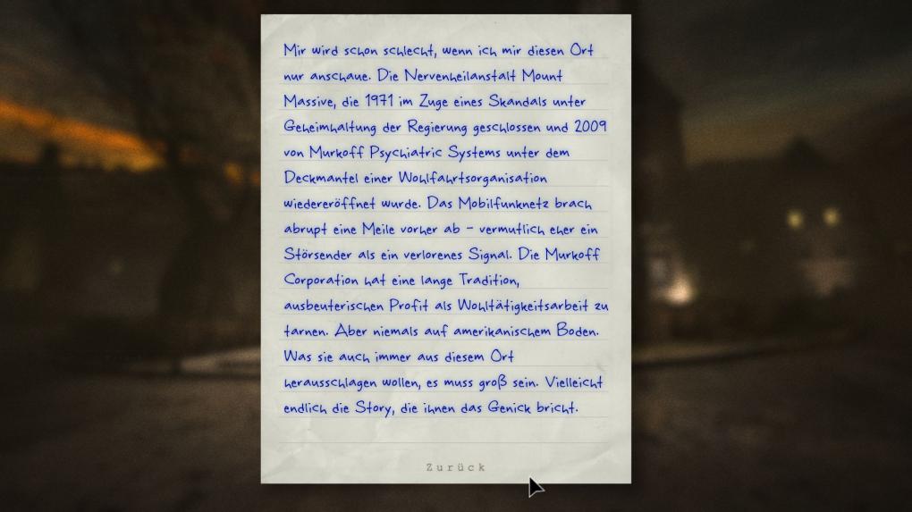 Outlast erzählt seine Geschichte teilweise in Notizen und Dokumenten, die der Spieler finden kann.