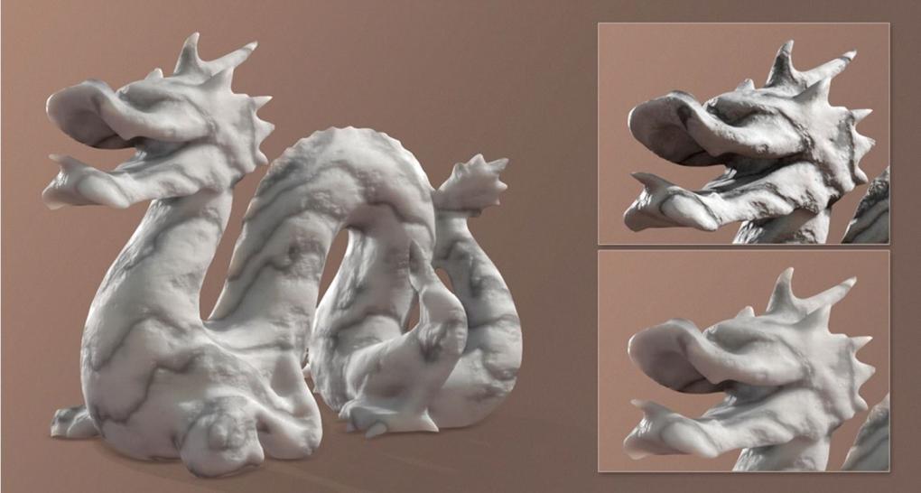 Der Subsurface Scattering Effekt bestimmt das Aussehen von Marmor (oben rechts - ohne SSS, unten rechts - mit SSS)