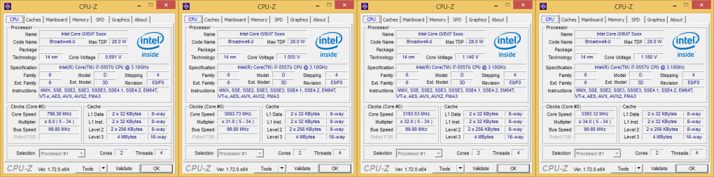 NUC5 i7 5557U: CPU-Z Leerlauf - Base Clock - Turbo Clocks