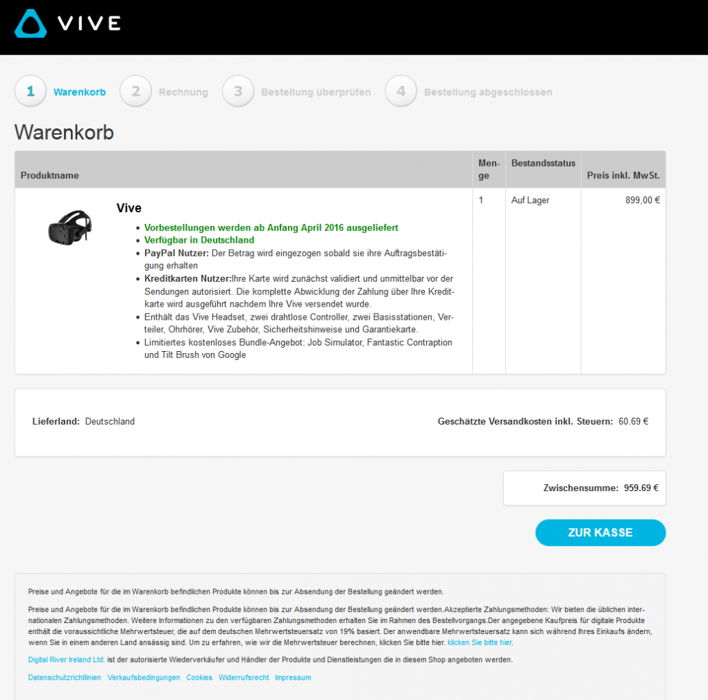 HTC Vive: So sieht das Bestellformular in Deutschland aus