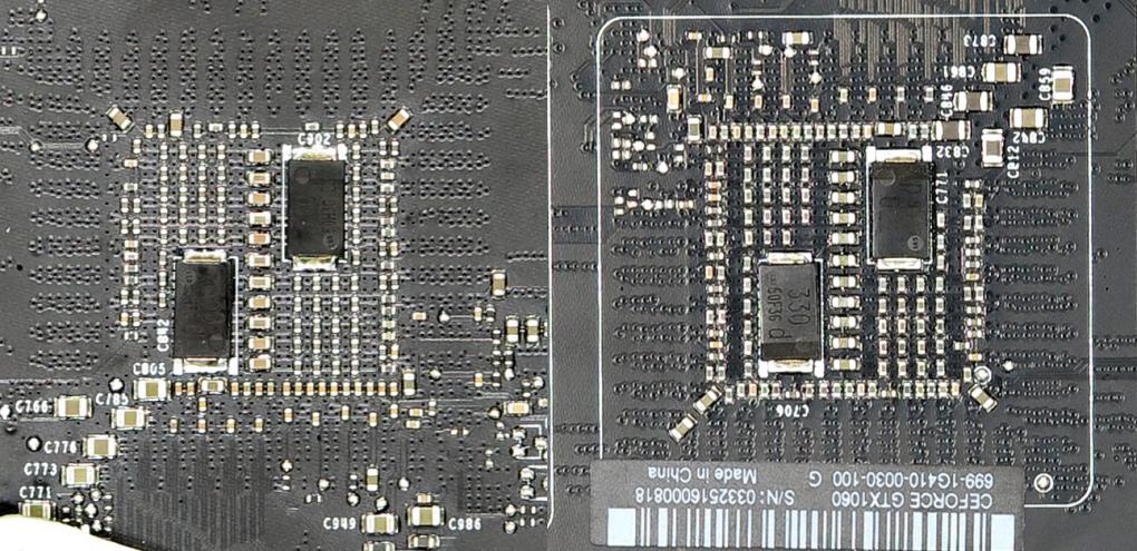 Kartenrückseite: Links GP104, rechts GP106. Die Unterschiede wirken marginal. Spaßiges Detail: Der Aufkleber spricht von einer 'Ceforce'. ;-)