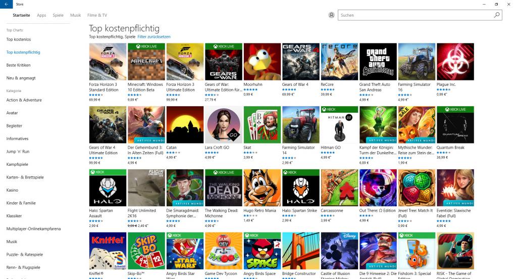 In der 'Top kostenpflichtig'-Kategorie befinden sich Highlights wie Forza Horizon 3 und Gears of War 4.