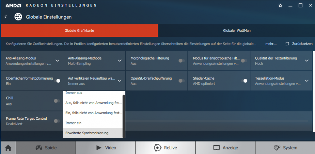 Neu in Radeon Software 17.7.2: Radeon Settings - Enhanced Sync alias Erweiterte Synchronisierung