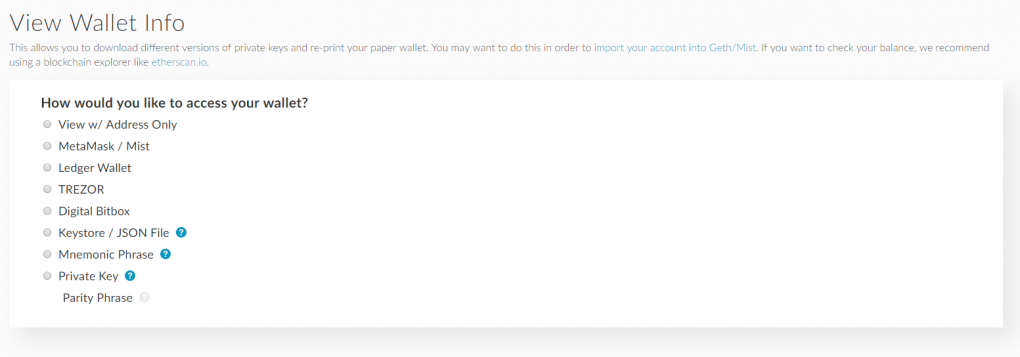 My Ether Wallet bietet mehrere Optionen, wie man sich in ein Wallet einloggen möchte.