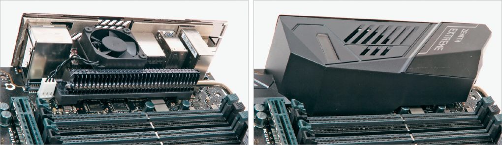 Asus versieht den zweiten Kühlkörper mit feinen Lamellen sowie einem temperaturgeregelten&nbsp;Lüfter (in unserem Test aus) – und versteckt das Ganze dann unter Plastik.