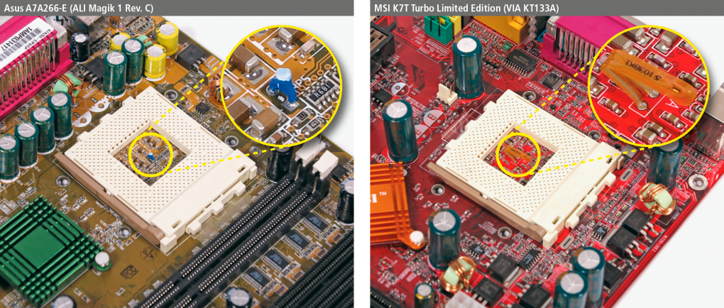 <strong>Temperaturmessung im Sockel</strong><br>
Seit vielen Jahren sind in die CPU integrierte Sensoren Standard, doch Anfang der 2000er implementierten die Mainboard-Hersteller noch Fühler, die unterhalb der CPU liegen.&nbsp;Auf diese Weise lässt sich die CPU-Temperatur nur ungenau bestimmen. Gedacht waren diese Lösungen, um im BIOS-Menü einen Wert in Grad Celsius festzulegen, ab dem&nbsp;sich das System abschaltet. Eine Lüfterregelung war (auch mangels Energiesparmodi) noch nicht Standard, Bastler setzten dazu auf externe Lösungen wie Potentiometer.