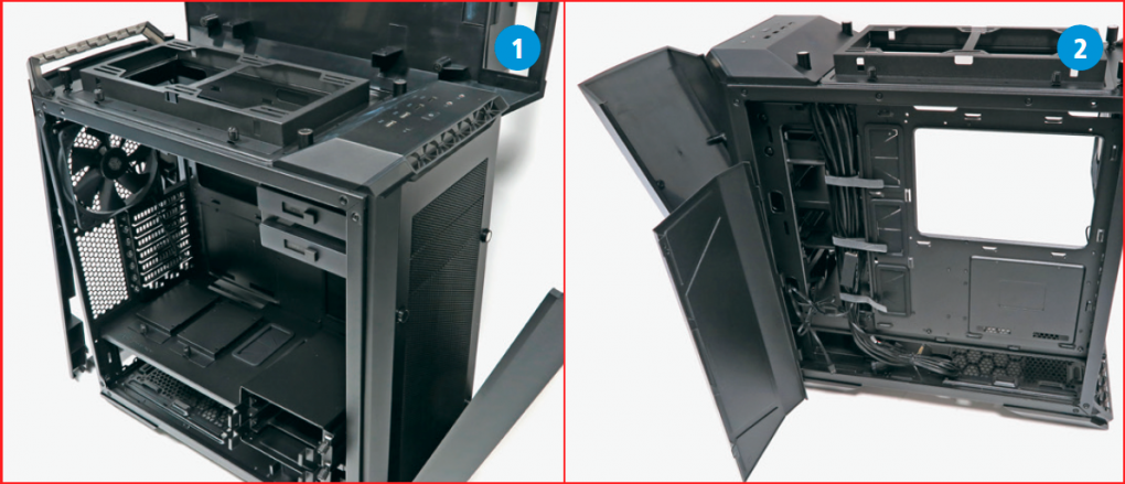 <strong>(1)</strong> Bei der Gestaltung des Innenraums und Deckels hat man beim MC600P viele Freiheiten. Coolermaster bietet sogar einige optionale Bauteile an.&nbsp;<br>
<strong>(2)</strong>&nbsp;Passend platzierte Durchlässe und ein Führungssystem mit Klettverschluss und Abdeckung erleichtern die Kabelverlegung aller Strips im MC600P. Die 3,5-/2,5-Zoll-Laufwerkshalterungen können einzeln demontiert werden. &nbsp;&nbsp;