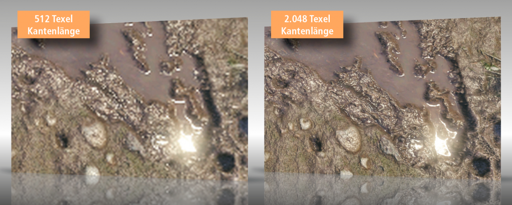 <strong>Texturen: Achtung, Speicherhunger!</strong><br>
Allen modernen Beleuchtungskniffen zum Trotz: Texturen bestimmen maßgeblich, ob uns ein Spiel gefällt oder nicht. Dabei handelt es sich um Tapeten für Spielobjekte, welche in mehreren Schichten auf die Polygonmodelle gelegt („gemappt“) werden. Moderne Spiele geizen nicht mit Texturdetails, wenn man von populären Comic-Ausnahmen wie Fortnite, Overwatch oder Sea of Thieves absieht. Stilisierte Grafik mit detailarmen Flächen kommt älteren Grafikkarten zugute, denn Texturen gehören nach wie vor zu den größten Konsumenten von (Grafik-)Speicher. Wird die Kantenlänge einer Textur verdoppelt, vervierfacht sich ihre RAM-Belegung. Wer eine speicherarme Grafikkarte besitzt, sollte daher zuerst hier ansetzen – oder beim nächsten Kauf vorausschauender planen.