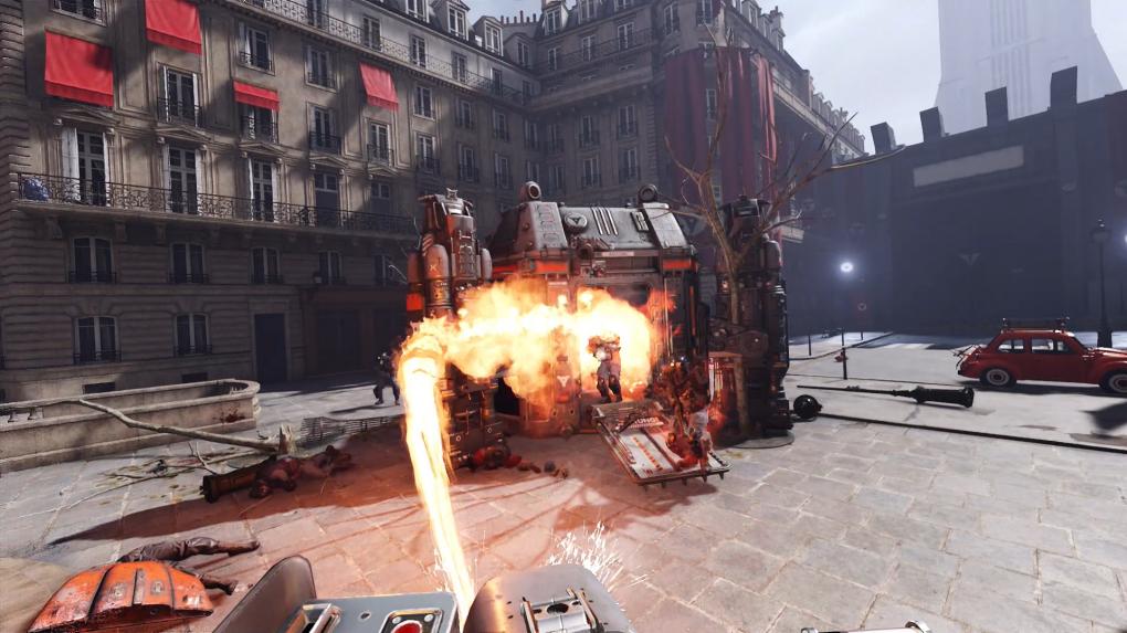 Wolfenstein Cyberpilot: Ein Landepod des Regimes, natürlich zündeln wir uns wieder durch die Gegner